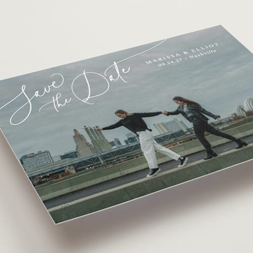 This is a pearl save the date with standard by Kaydi Bishop called on the horizon printing on recycled smooth signature in standard