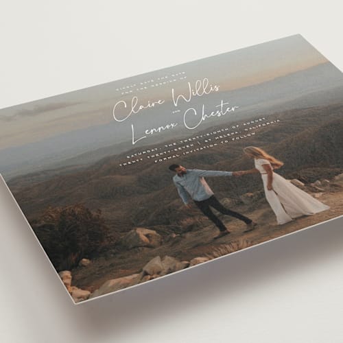 This is a chiffon save the date with standard by Orasie called full photo printing on recycled smooth signature in standard