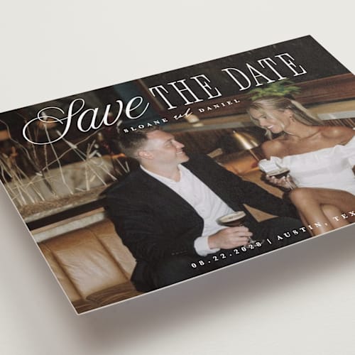 This is a porcelain save the date with standard by Maria Alou called his & hers printing on recycled smooth signature in standard