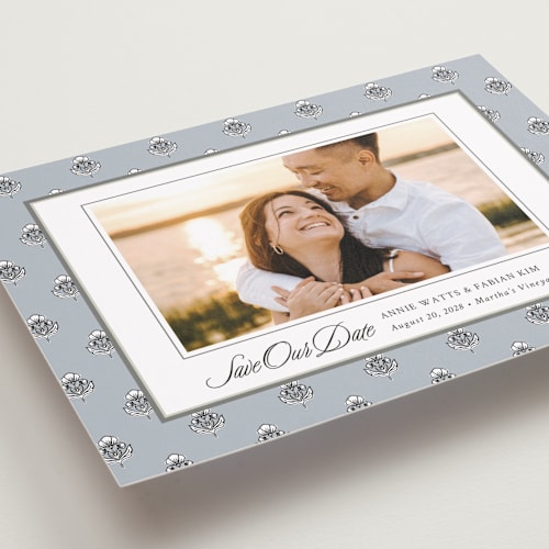 This is a classic save the date with standard by Cindy Reynolds called sophisticated charm printing on recycled smooth signature in standard