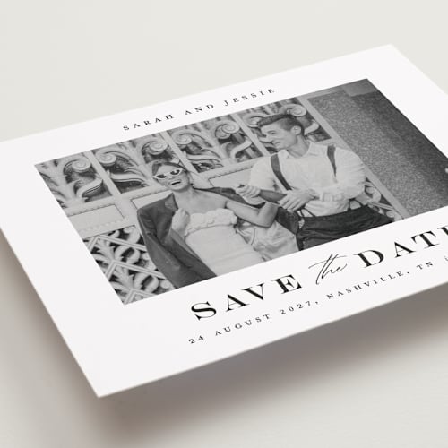 This is a midnight save the date with standard by Stacey Meacham called classic charm printing on recycled smooth signature in standard