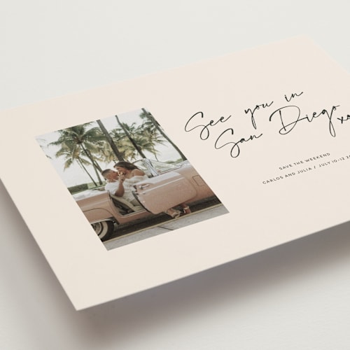 This is a mellow save the date with standard by Inkblot Design called heated printing on recycled smooth signature in standard