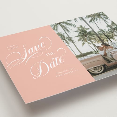 This is a peach save the date with standard by Morgan Kendall called palm springs printing on recycled smooth signature in standard