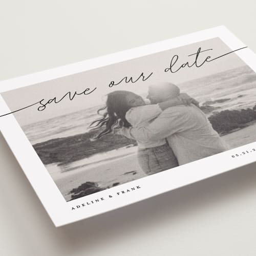 This is a tuxedo save the date with standard by Pixel and Hank called simple details printing on recycled smooth signature in 5x7