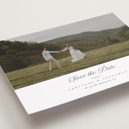 This is a chiffon save the date with standard by Eric Clegg called together always printing on recycled smooth signature in standard
