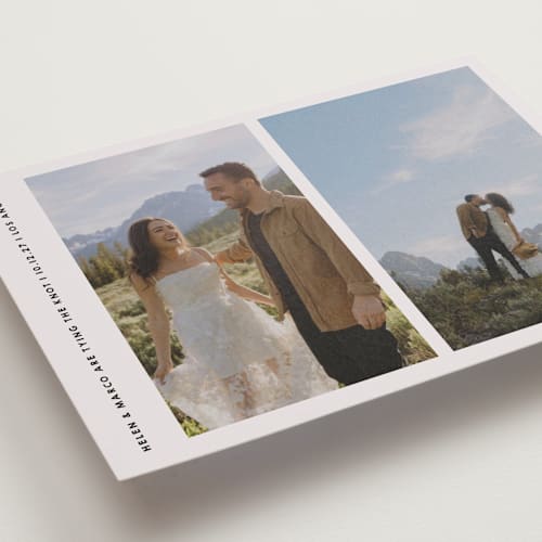 This is a stone save the date with standard by Becky Nimoy called diptych photos printing on recycled smooth signature in standard