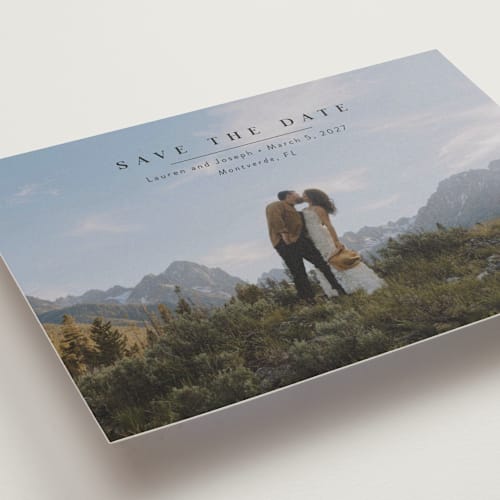 This is a midnight save the date with standard by Abi de Leon called magical printing on recycled smooth signature in standard