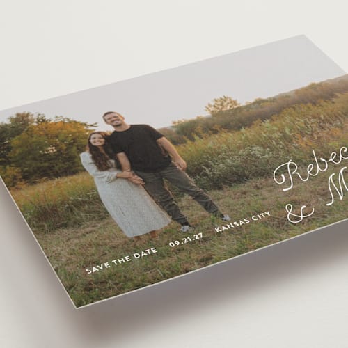 This is a quartz save the date with standard by Paper Raven Co. called fairfield printing on recycled smooth signature in standard