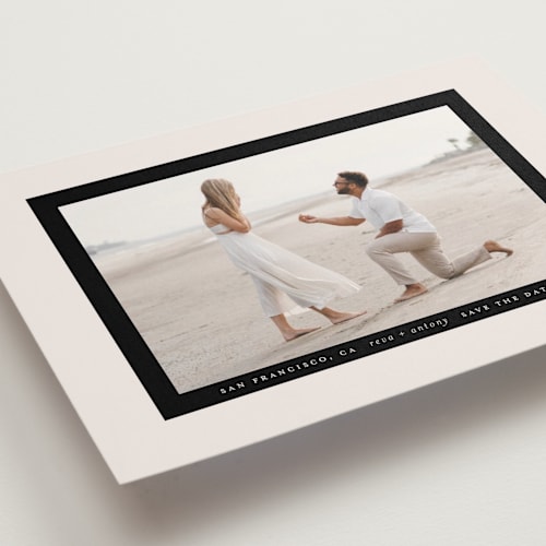 This is a buttercream save the date with standard by Lori Wemple called most minimal printing on recycled smooth signature in standard