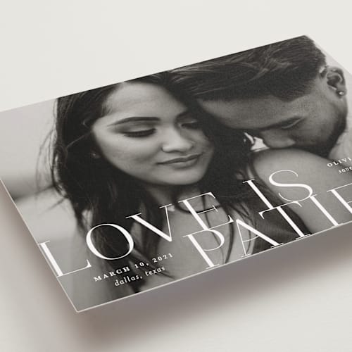 This is a pearl save the date with standard by Lauren Chism called this couple printing on recycled smooth signature in standard
