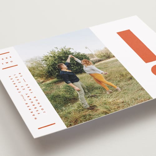 This is a persimmon save the date with standard by Yours Madly called the exclamation printing on recycled smooth signature in standard