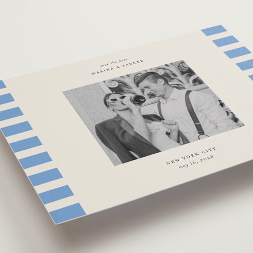 This is a sky save the date with standard by Jackie Crawford called modern border printing on recycled smooth signature in standard