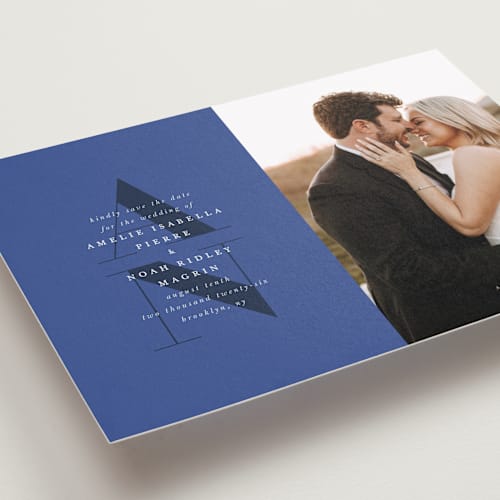 This is a marseille blue save the date with standard by Up Up Creative called centro printing on recycled smooth signature in standard
