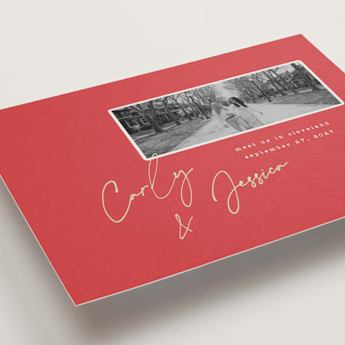 This is a geranium save the date with standard by Merian called album cover printing on recycled smooth signature in standard