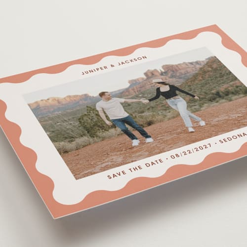 This is a apricot save the date with standard by Kelly Watkins called wavy frame printing on recycled smooth signature in standard