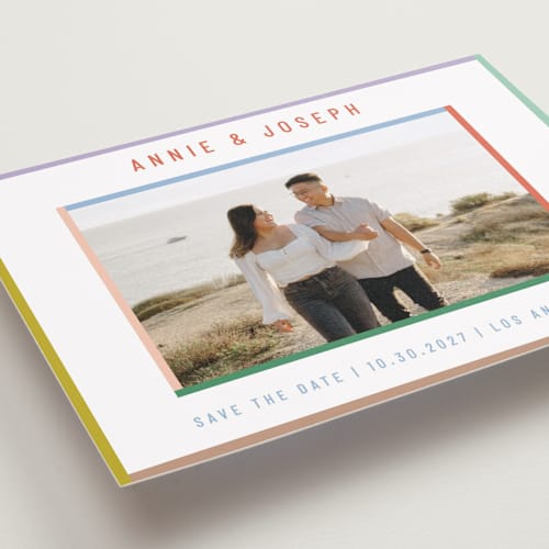 This is a candy save the date with standard by Kelly Watkins called color frame printing on recycled smooth signature in standard