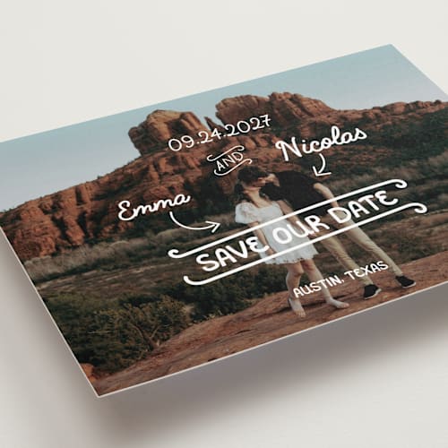 This is a morning save the date with standard by Helena Vitto called love lettering printing on recycled smooth signature in standard
