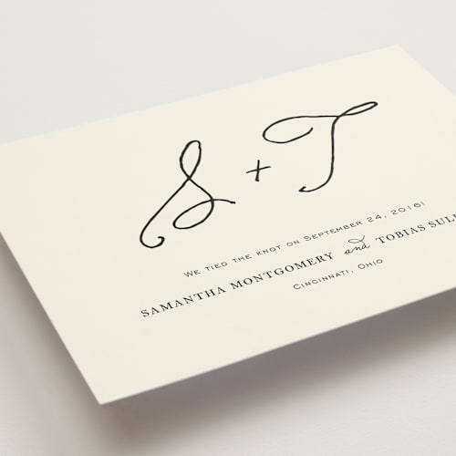 This is a ivory wedding announcements with standard by Kim Dietrich Elam called estate printing on signature in standard