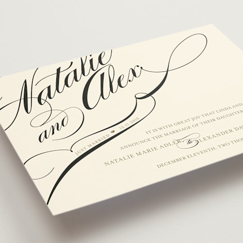 This is a crisp black wedding announcements with standard by Annie Clark called winter flourish printing on signature in standard