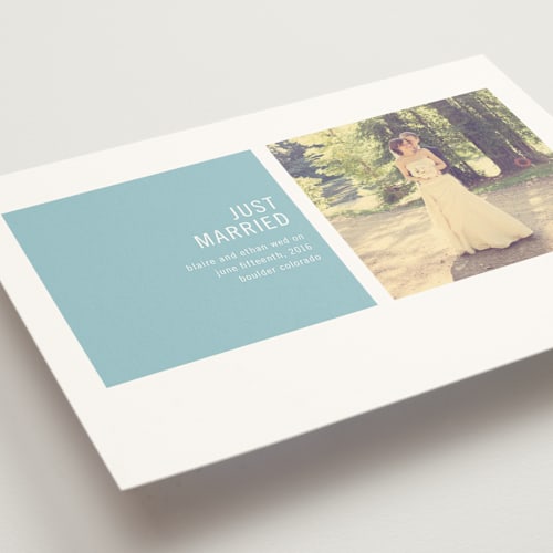 This is a sky blue wedding announcements with standard by Precious Bugarin Design called modern geometric printing on signature in standard