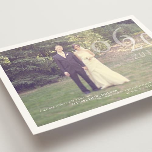 This is a pure white wedding announcements with standard by Helena Seo Design called belle memoire    printing on signature in standard