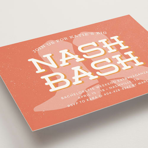 This is a coral bachelorette party invitations with standard by Cindy Reynolds called nash bash printing on signature in standard