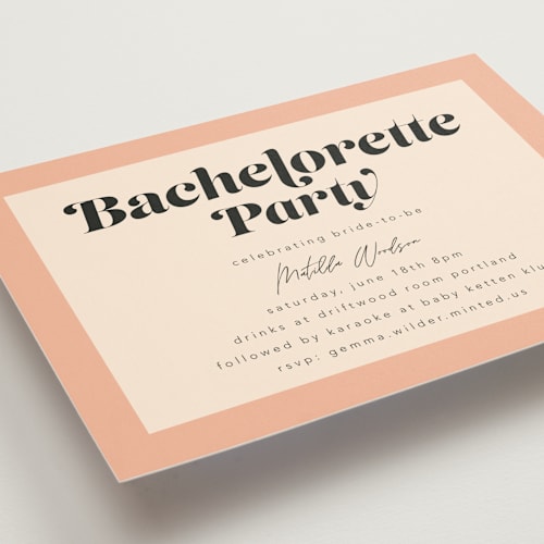 This is a peach bachelorette party invitations with standard by Morgan Kendall called label printing on signature in standard