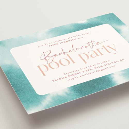 This is a turquoise bachelorette party invitations with standard by Kate Ahn called dip dye printing on signature in standard