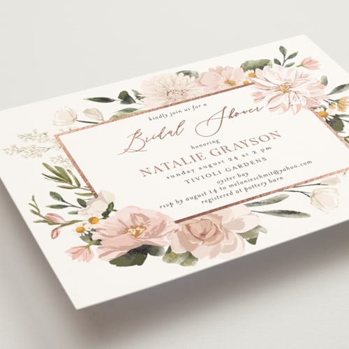 This is a rose bridal shower invitations with foil pressed by Susan Moyal called floral wisp printing on signature in standard