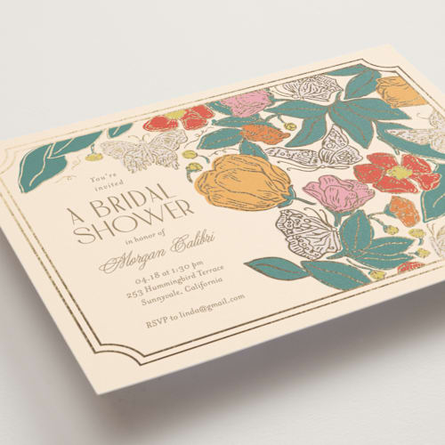 This is a ivory bridal shower invitations with foil pressed by Simona Camp called gilded butterfly garden printing on signature in standard