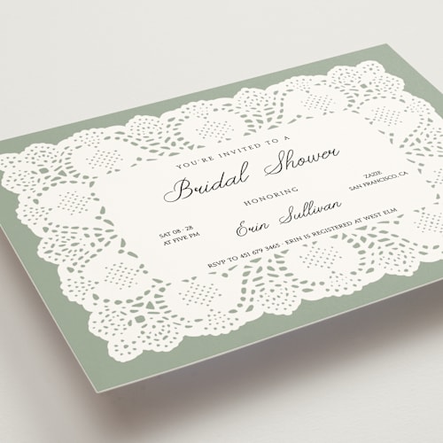 This is a sage bridal shower invitations with standard by Studio Suku called lace printing on signature in standard