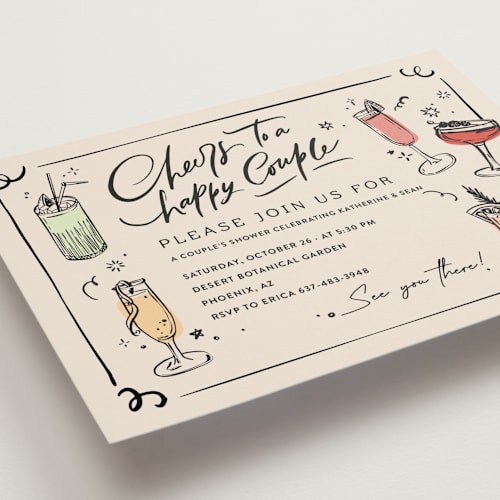 This is a creme bridal shower invitations with standard by Anastasia Makarova called cheers to a happy couple printing on signature in standard