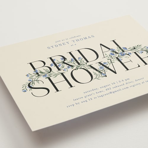 This is a periwinkle bridal shower invitations with standard by Kate Ahn called coneflower garland printing on signature in standard