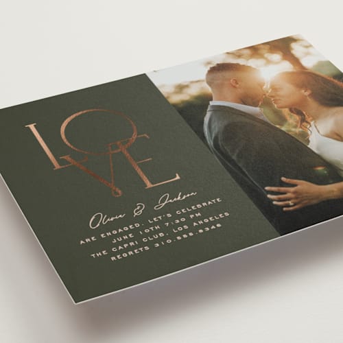 This is a forest engagement party invitations with foil pressed by Owl and Toad called entwined printing on signature in standard