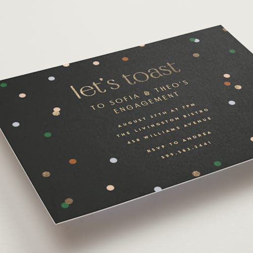 This is a midnight engagement party invitations with foil pressed by Ellen Schlegelmilch called let's toast printing on signature in standard