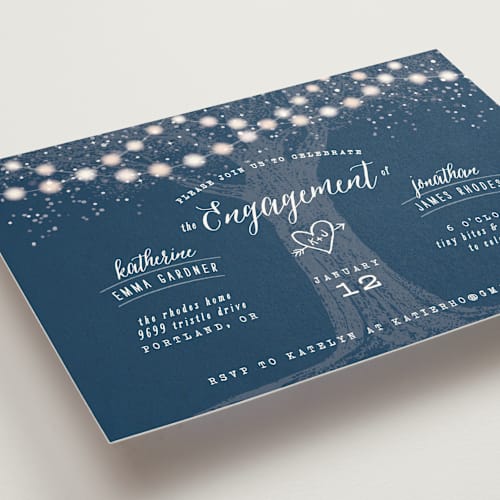 This is a navy engagement party invitations with standard by Hooray Creative called garden lights printing on signature in standard