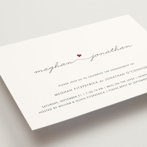 This is a red hot engagement party invitations with standard by Kim Dietrich Elam called love connection printing on signature in standard