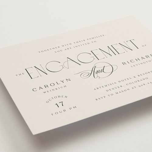 This is a tan engagement party invitations with standard by chocomocacino called nocturne printing on signature in standard