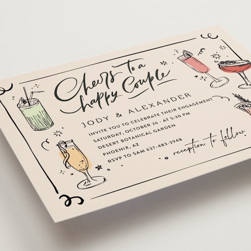 This is a creme engagement party invitations with standard by Anastasia Makarova called cheers to a happy couple printing on signature in standard