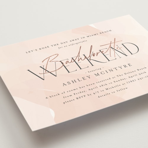 This is a blush bachelorette party invitations with foil pressed by Jennifer Postorino called rose the day away printing on signature in standard