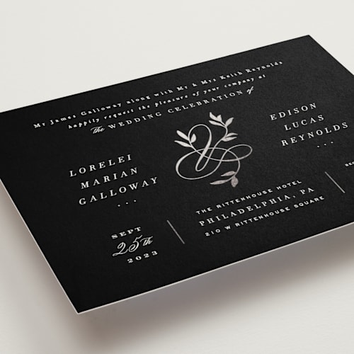 This is a onyx foil stamped wedding invitations with foil pressed by Hooray Creative called botanical ampersand printing on signature in standard