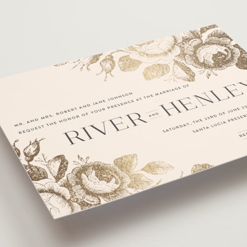 This is a blush foil stamped wedding invitations with foil pressed by Design Lotus called beloved printing on signature in standard