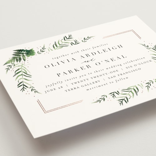 This is a petal foil stamped wedding invitations with foil pressed by Kristie Kern called framed in ferns printing on signature in standard