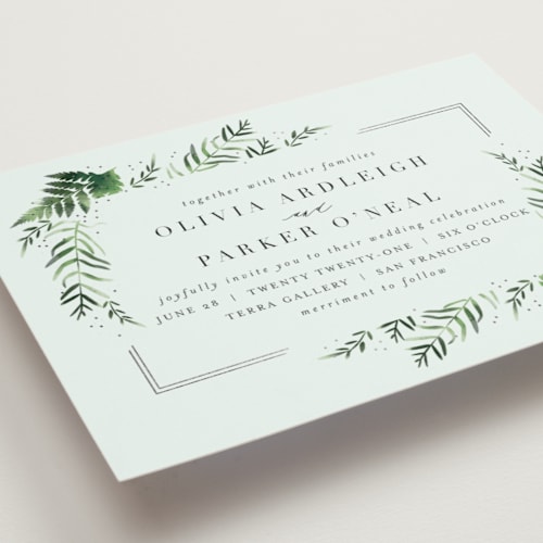 This is a sky foil stamped wedding invitations with foil pressed by Kristie Kern called framed in ferns printing on signature in standard