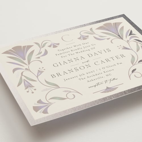This is a vanilla foil stamped wedding invitations with foil pressed by Lori Wemple called deco nouveau printing on signature in standard