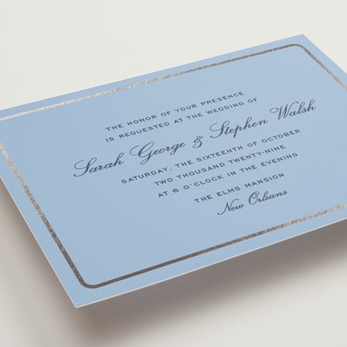 This is a sky foil stamped wedding invitations with foil pressed by Megan Davis called aperitif printing on signature in standard