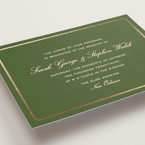 This is a olive foil stamped wedding invitations with foil pressed by Megan Davis called aperitif printing on signature in standard