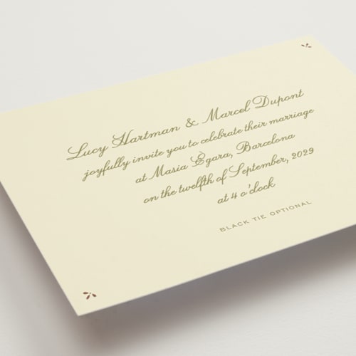 This is a grass foil stamped wedding invitations with foil pressed by Ani Somi called sweet fancy printing on signature in standard