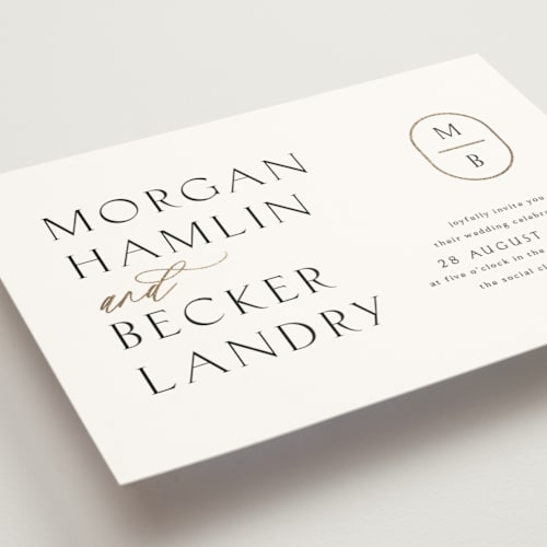 This is a snow foil stamped wedding invitations with foil pressed by Kaydi Bishop called postcard printing on signature in standard