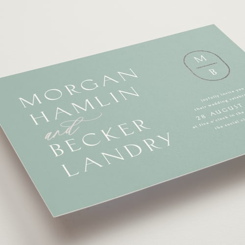 This is a ocean foil stamped wedding invitations with foil pressed by Kaydi Bishop called postcard printing on signature in standard